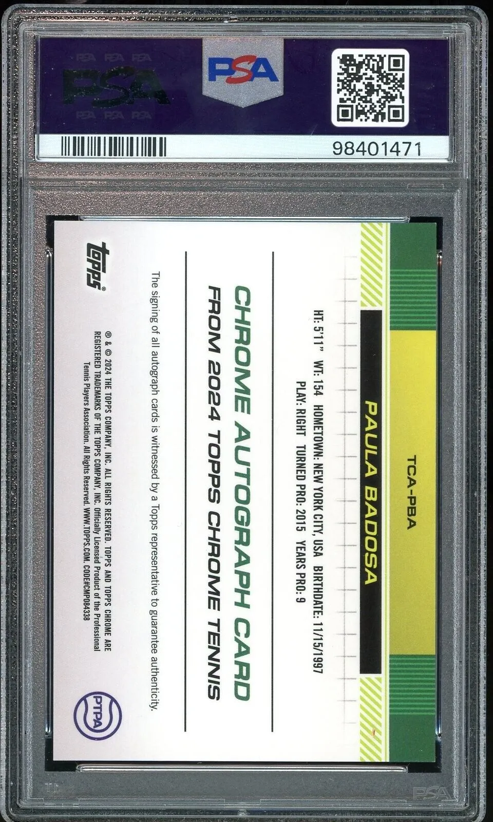 2024 Topps Chrome Sapphire Tennis Purple /10 Paula Badosa Auto PSA 10 GEM MINT