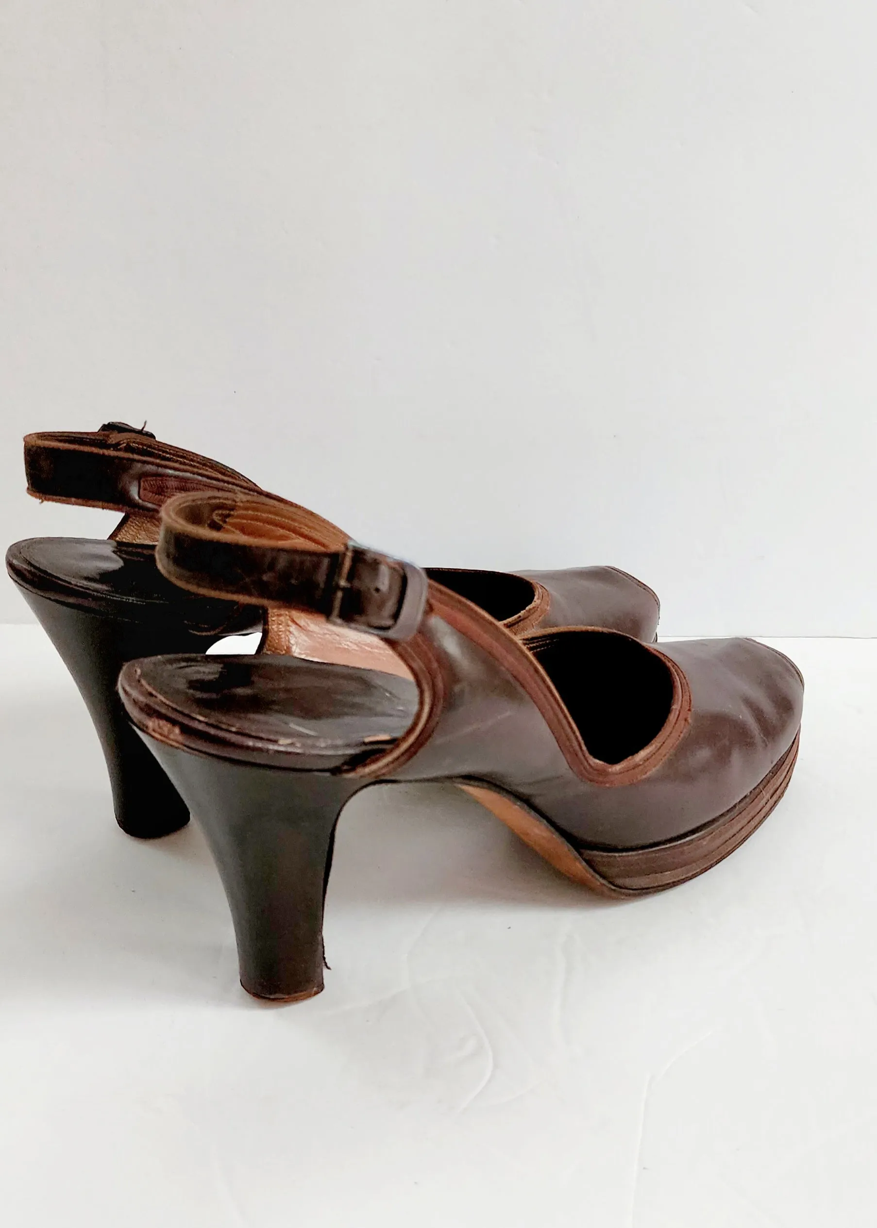 40s Brown Shoes Peep Toe High Heel Slingbacks Size 10 RARE
