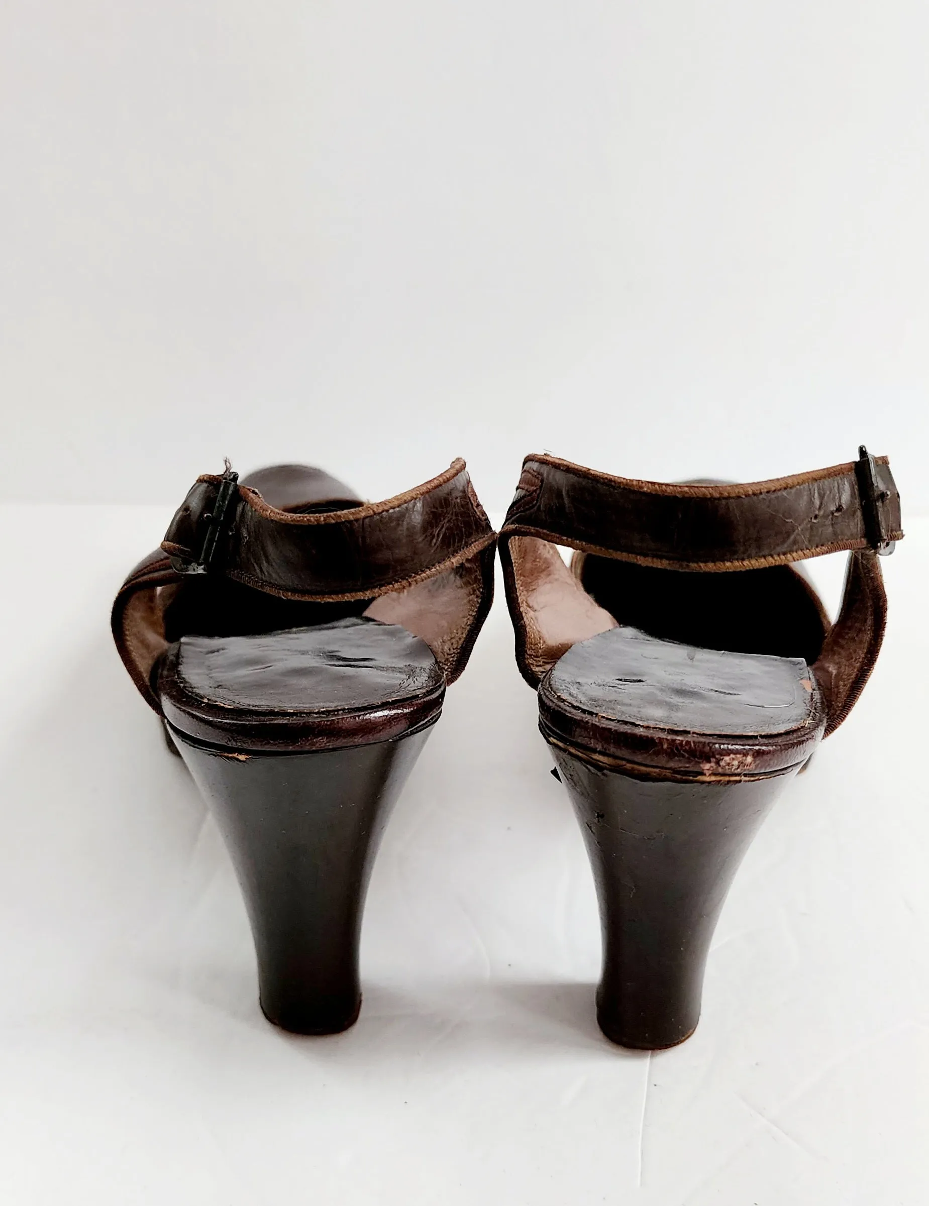 40s Brown Shoes Peep Toe High Heel Slingbacks Size 10 RARE
