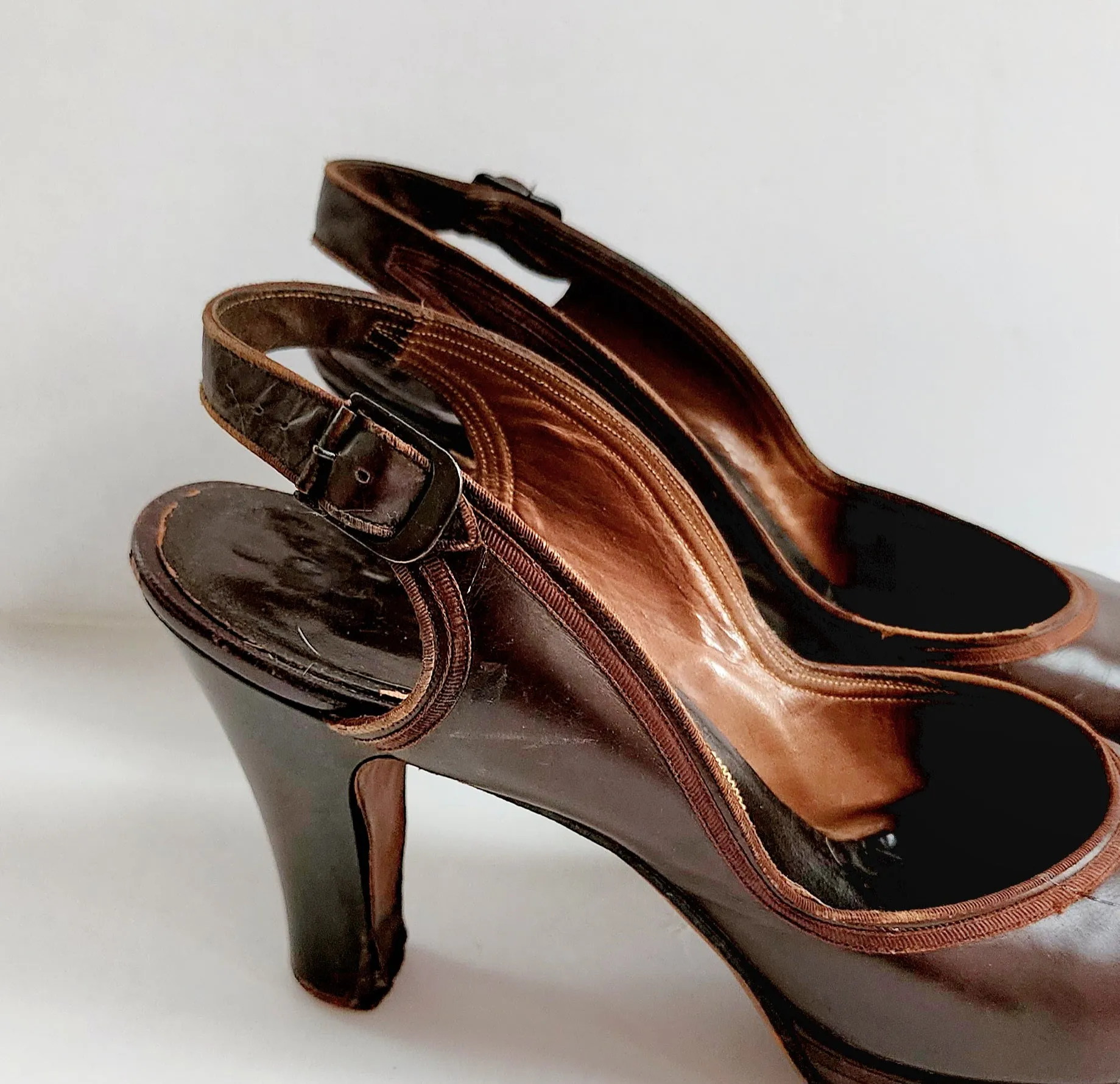 40s Brown Shoes Peep Toe High Heel Slingbacks Size 10 RARE