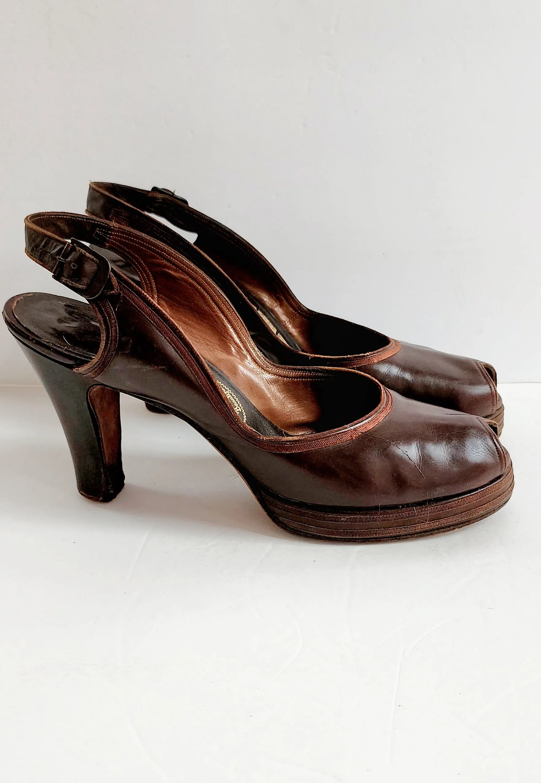 40s Brown Shoes Peep Toe High Heel Slingbacks Size 10 RARE