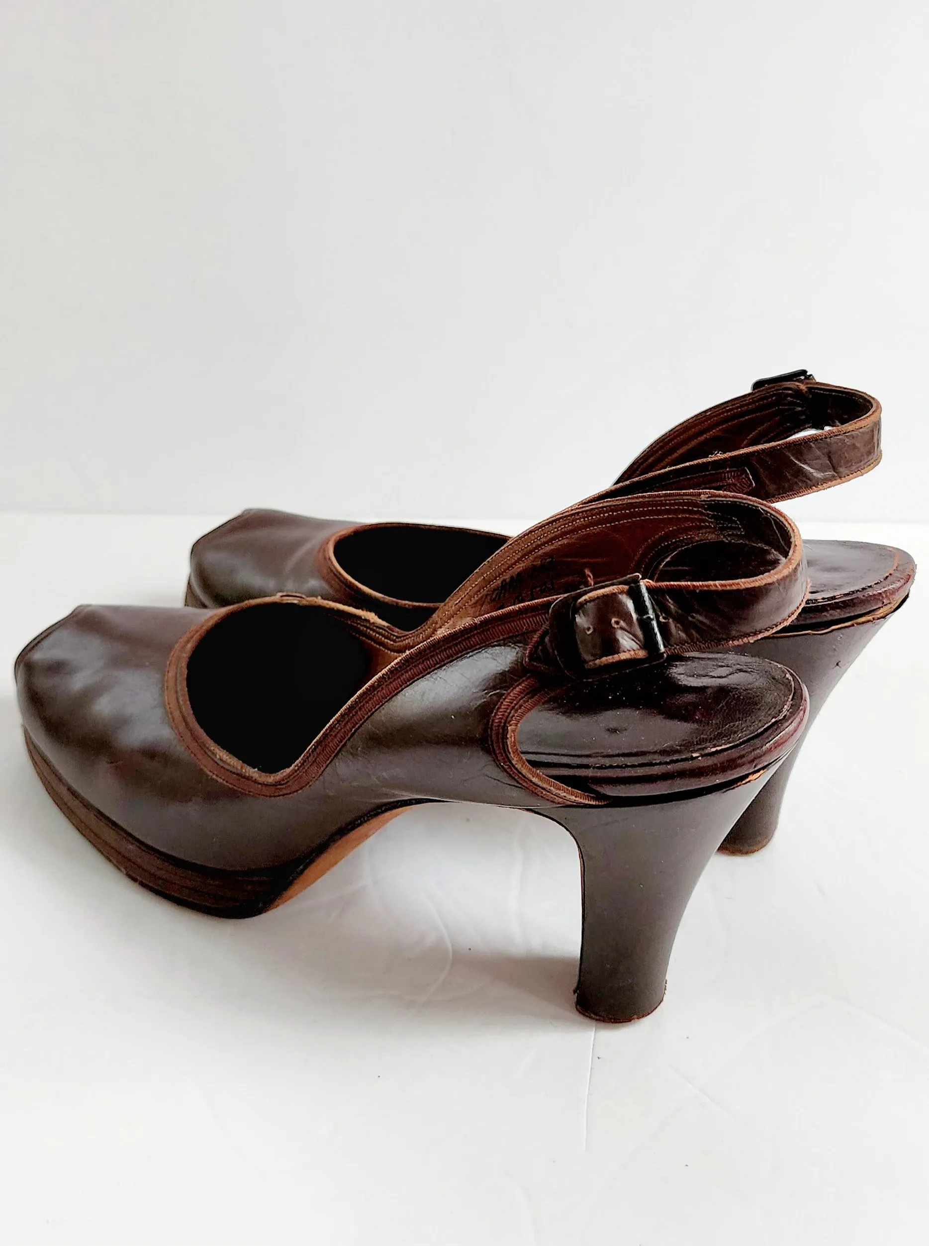 40s Brown Shoes Peep Toe High Heel Slingbacks Size 10 RARE