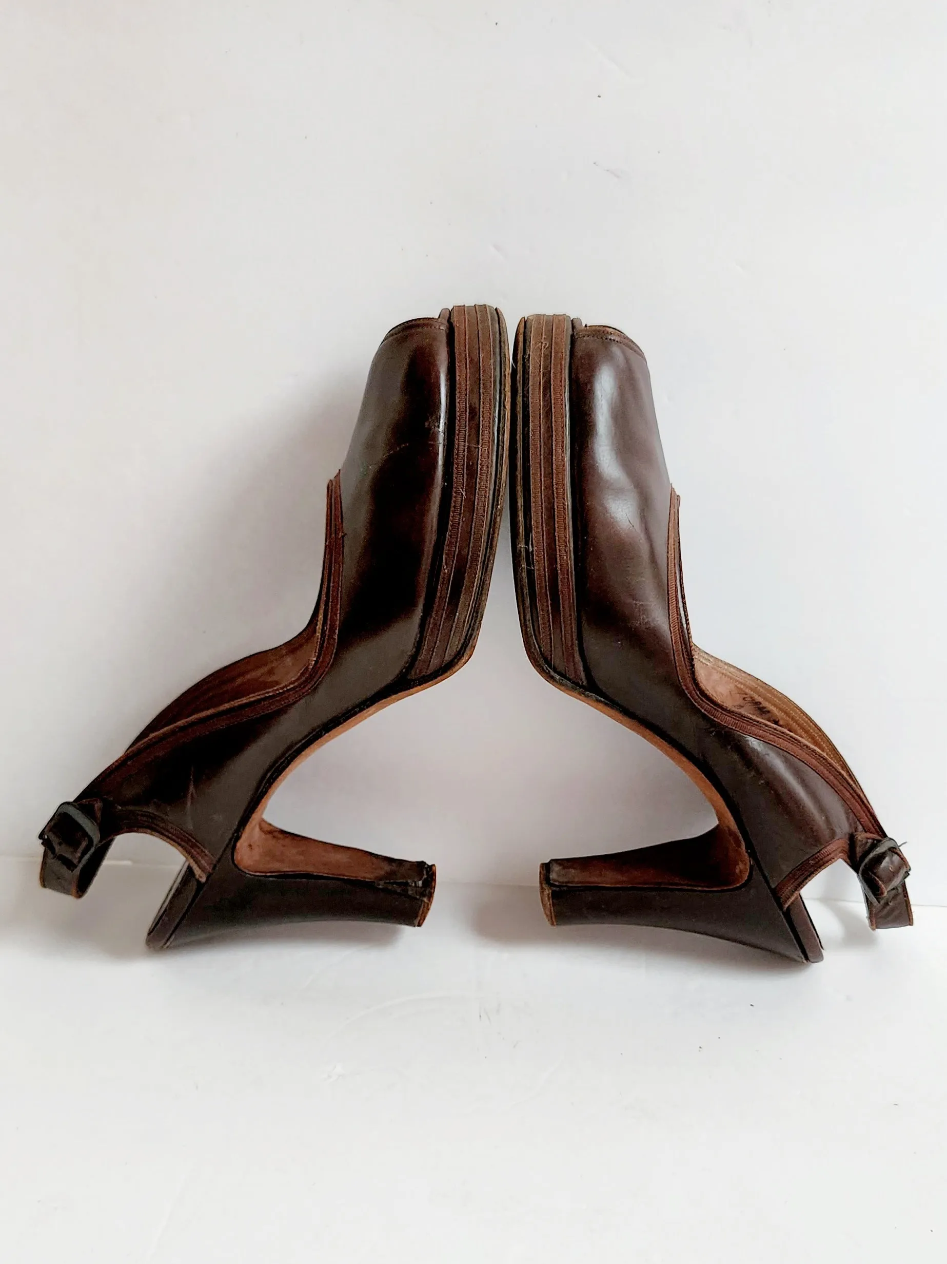 40s Brown Shoes Peep Toe High Heel Slingbacks Size 10 RARE