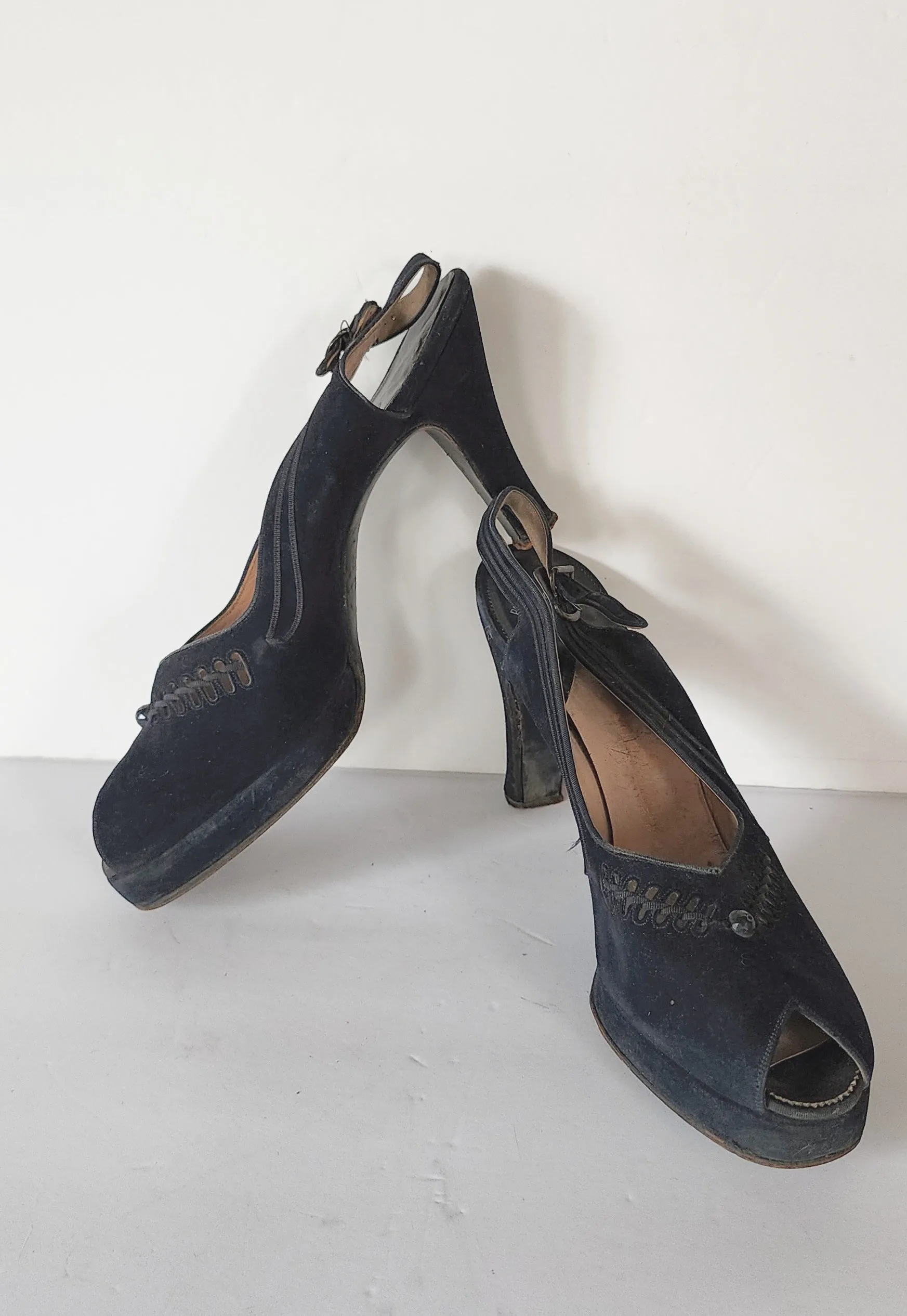 40s Peep Toe Black Shoes High Heel Slingbacks 10