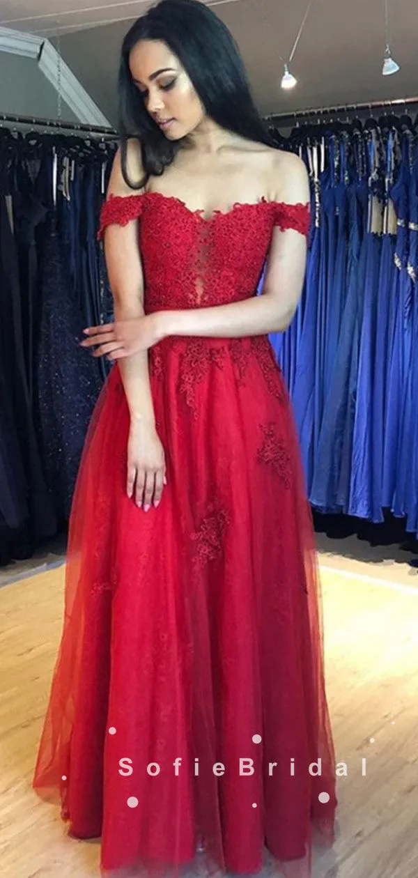 A-Line Off The Shoulder Red Tulle Floor Length Prom Dresses With Lace,SFPD0028