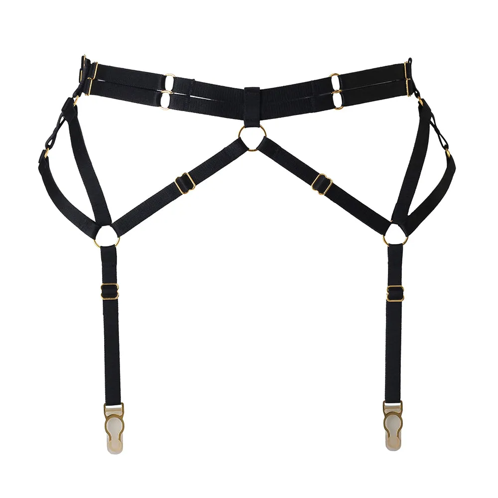 Adjustable Black Bondage Garter Belt with Gold Sliders