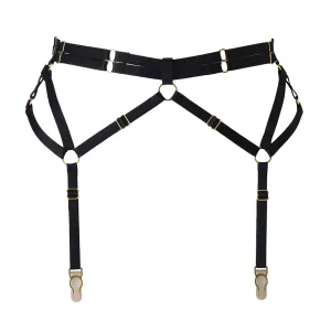 Adjustable Black Bondage Garter Belt with Gold Sliders
