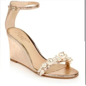 Badgley Mischka Gold Wedge Sandals with Ankle Strap and Pearl Jam Embell…