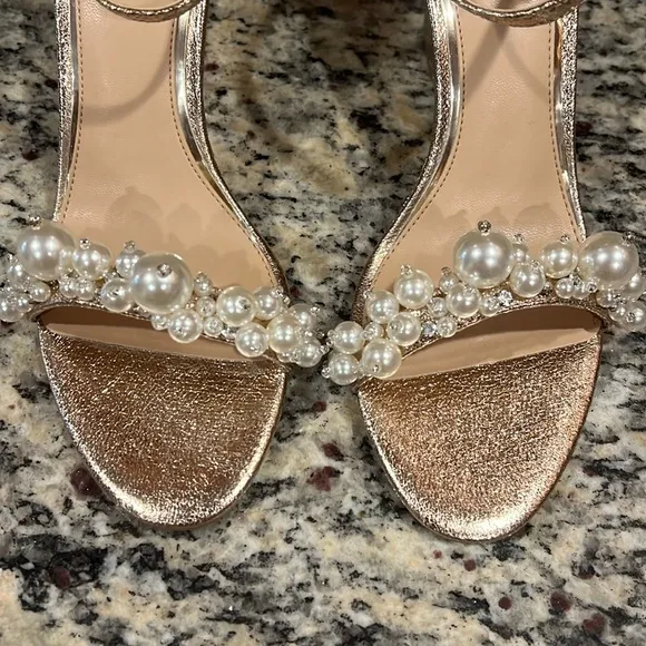 Badgley Mischka Gold Wedge Sandals with Ankle Strap and Pearl Jam Embell…
