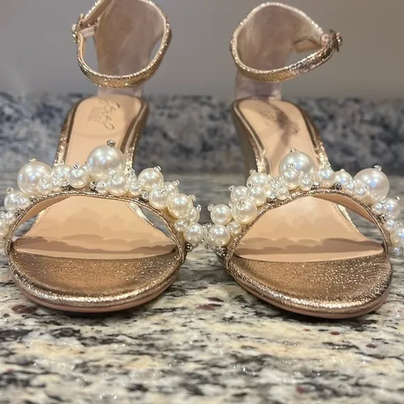 Badgley Mischka Gold Wedge Sandals with Ankle Strap and Pearl Jam Embell…