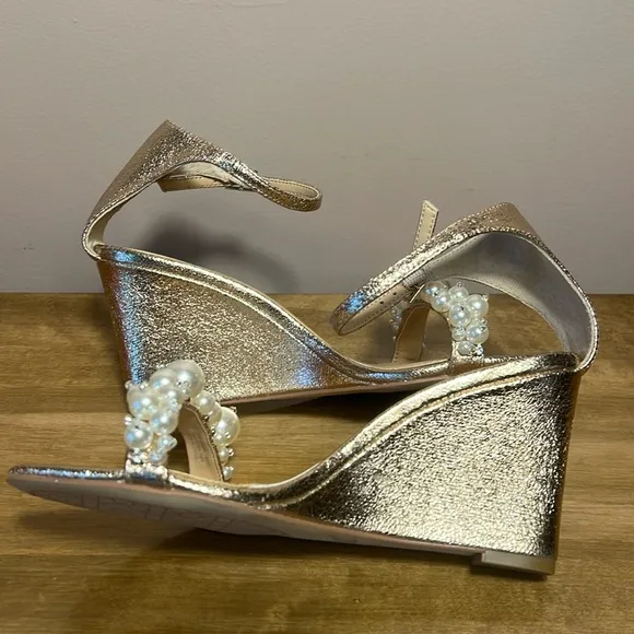 Badgley Mischka Gold Wedge Sandals with Ankle Strap and Pearl Jam Embell…