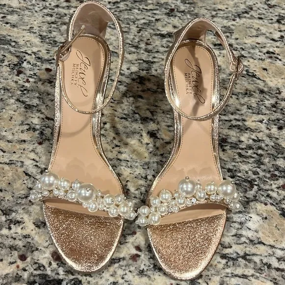 Badgley Mischka Gold Wedge Sandals with Ankle Strap and Pearl Jam Embell…