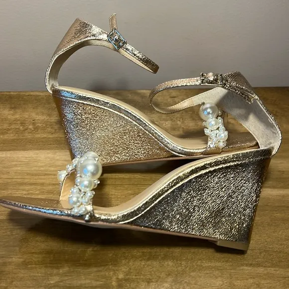 Badgley Mischka Gold Wedge Sandals with Ankle Strap and Pearl Jam Embell…