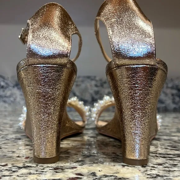 Badgley Mischka Gold Wedge Sandals with Ankle Strap and Pearl Jam Embell…