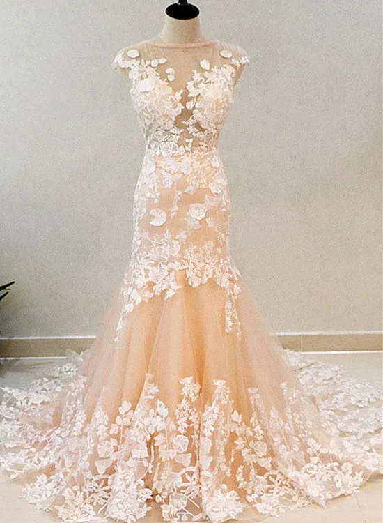 Beautiful Champagne Mermaid Tulle Long with Lace Evening Gown, Charming Prom Dress 2022