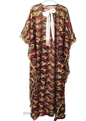 Burgandy Light Yellow Caftan Maxi Lace Gown