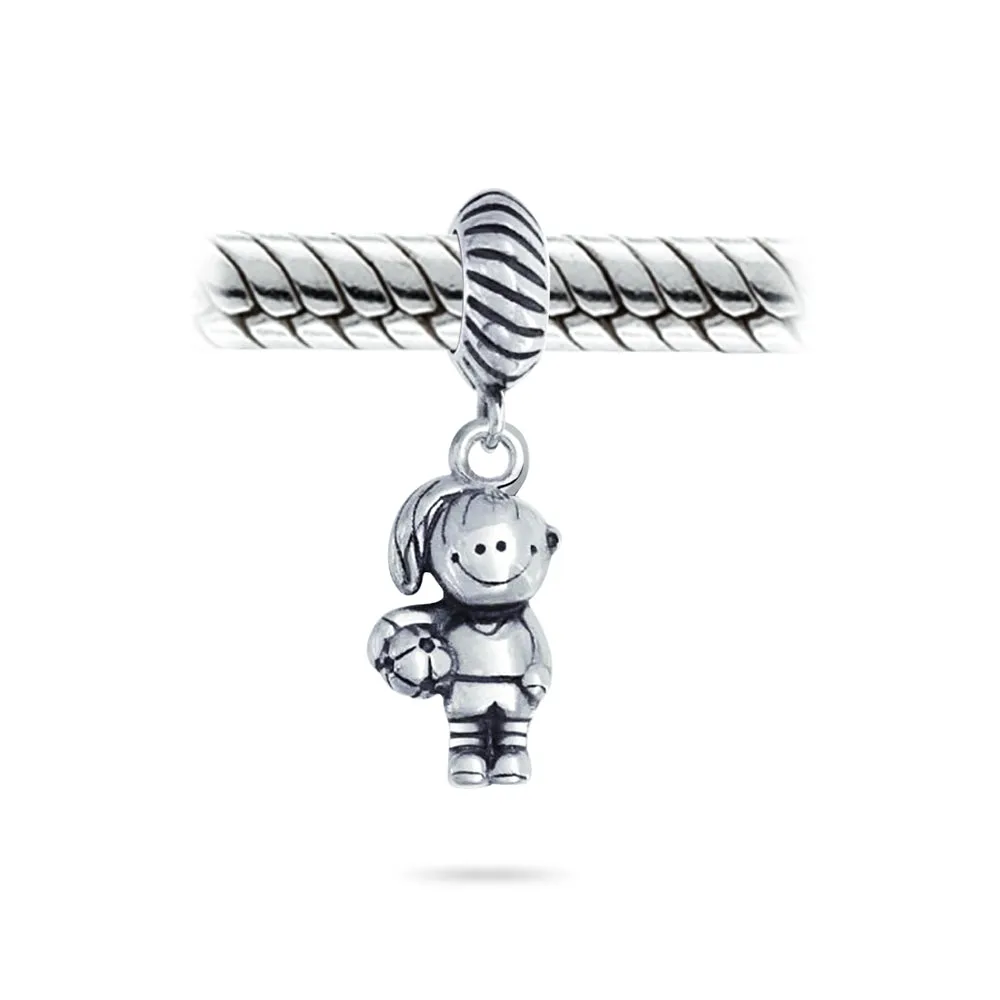 Cartoon Cheerleader Soccer Player Dangle Charm Bead Sterling Silver for Bracelet