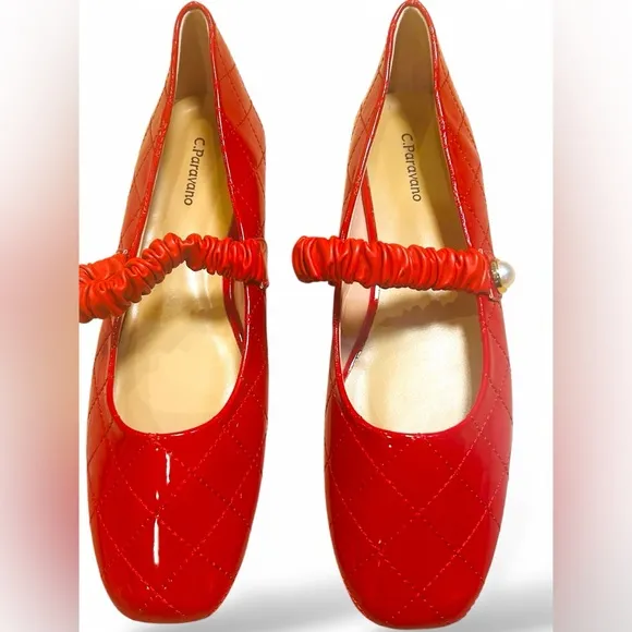 C.Paravano Red NWOT Quilted Mary Jane Flats with Pearl Detail – EU 41 / US 10.5