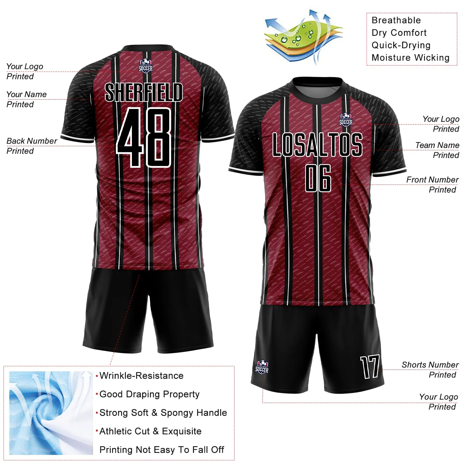 Custom Black Crimson-White Line Sublimation Soccer Uniform Jersey
