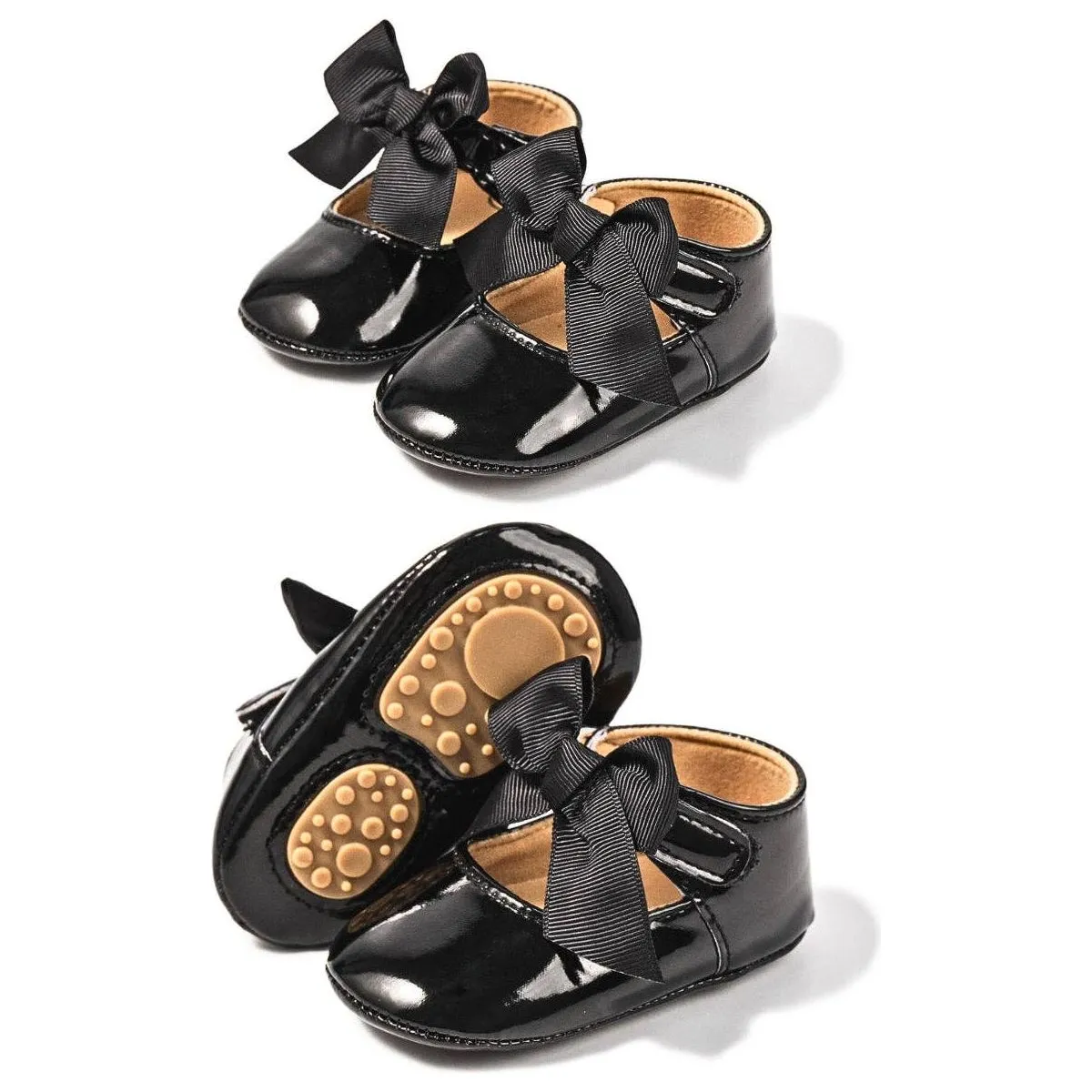 Cute black infant shoes w/black front bow