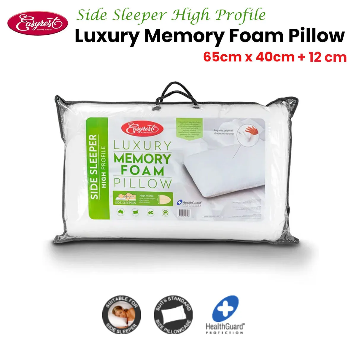 Easyrest Side Sleeper High Profile Luxury Memory Foam Pillow 65 x 40   12cm BONUS removable Cover