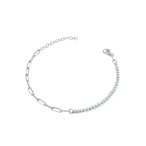Half Tennis Half Paperclip Chain Bracelet - Silver White