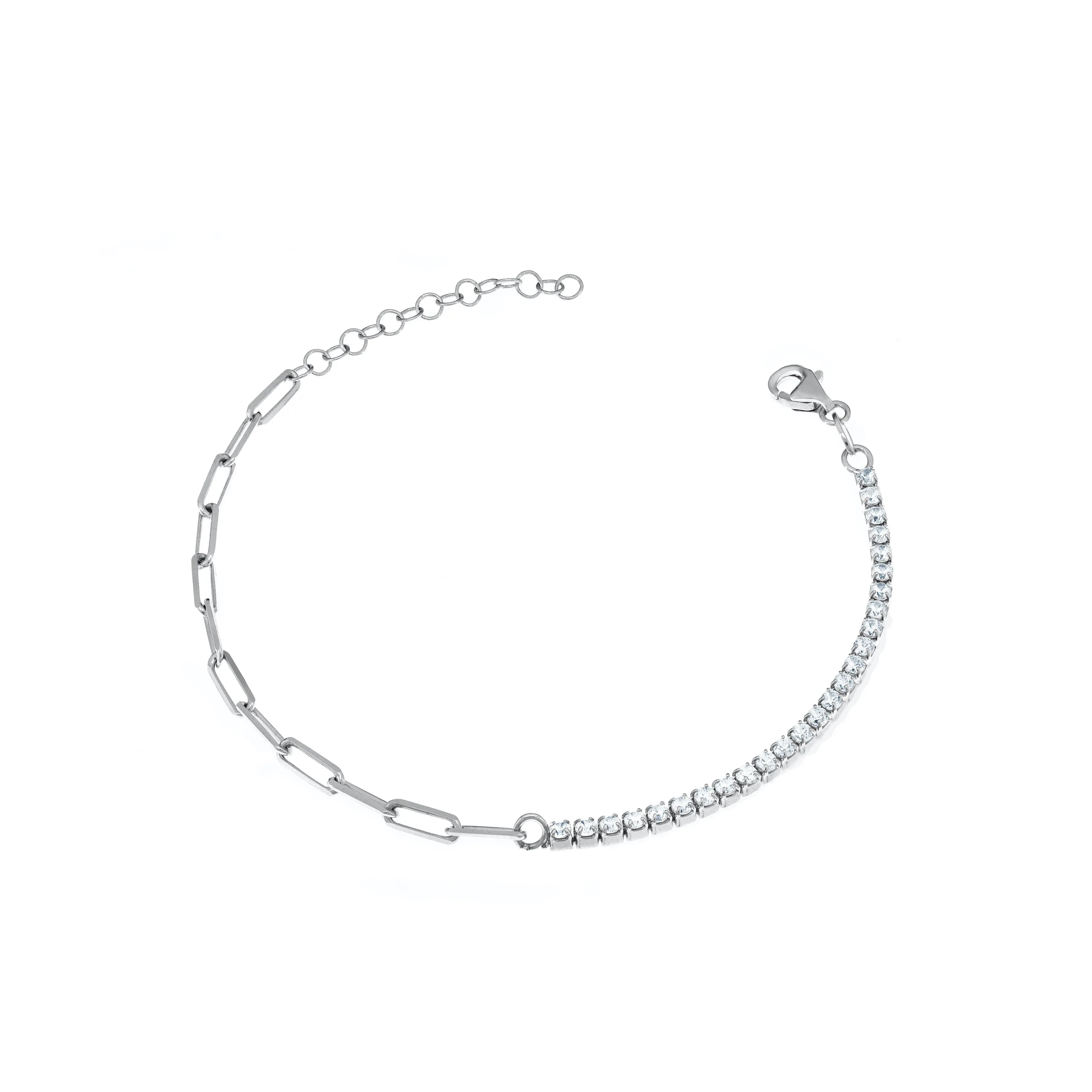 Half Tennis Half Paperclip Chain Bracelet - Silver White