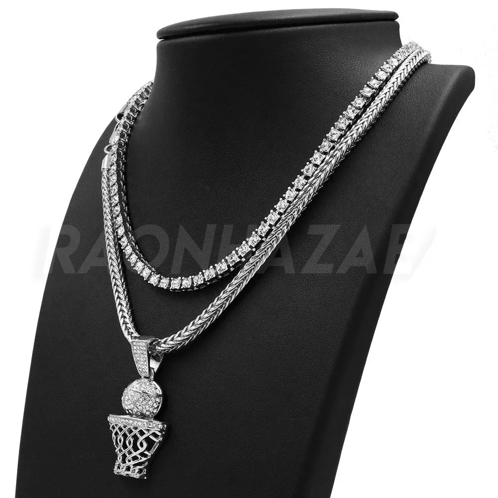 Hip Hop BASKETBALL HOOP Pendant W/ Franco Chain / Tennis Choker Chain.