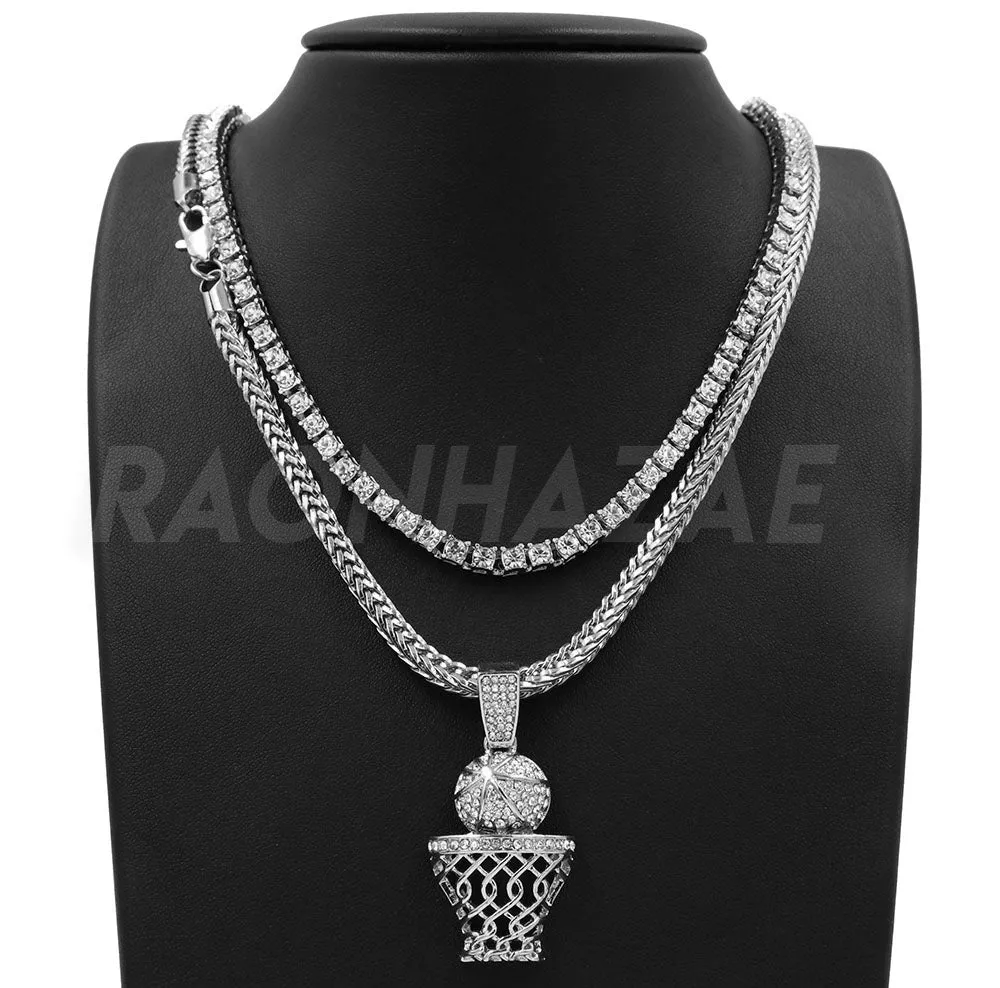 Hip Hop BASKETBALL HOOP Pendant W/ Franco Chain / Tennis Choker Chain.