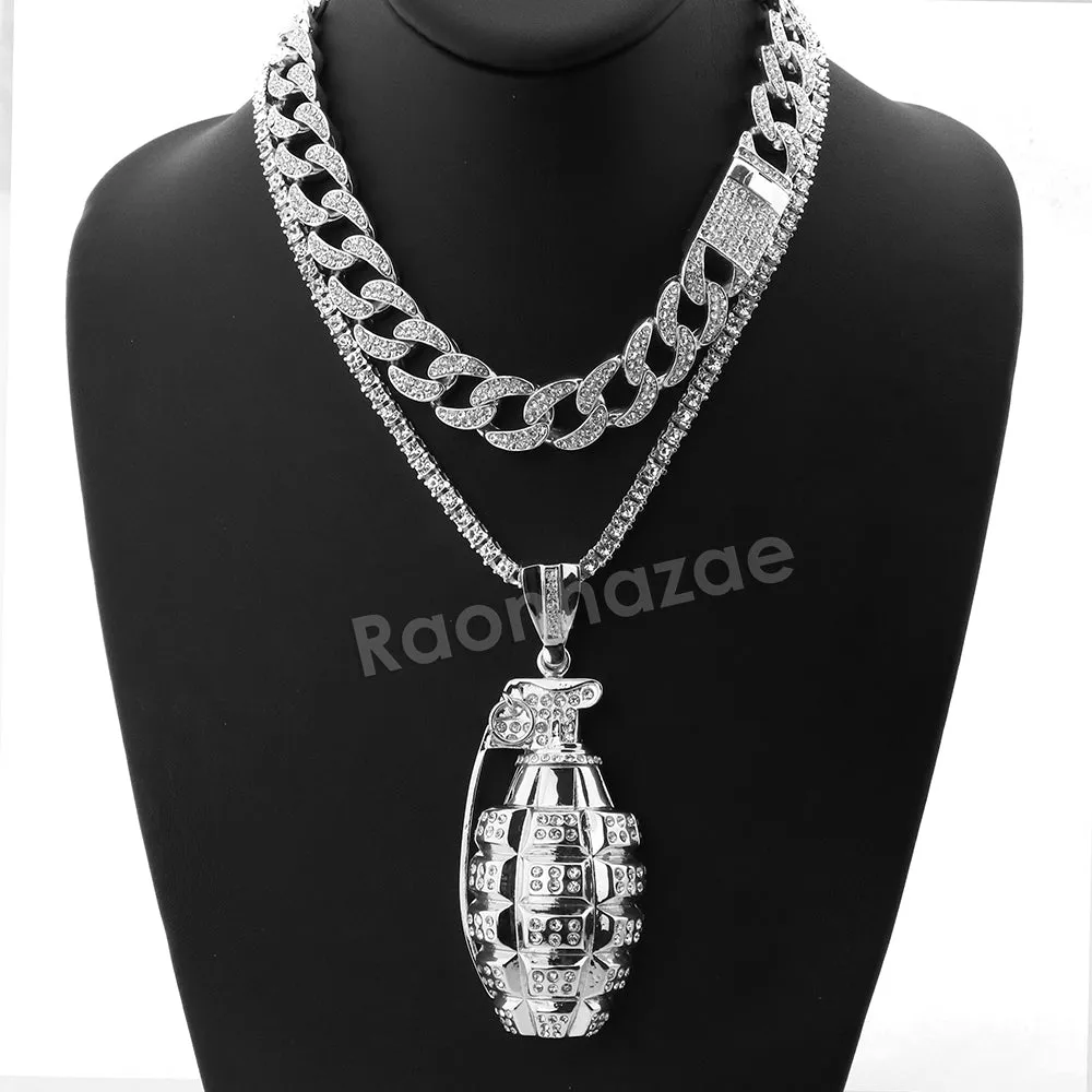 Hip Hop Quavo Grenade Miami Cuban Choker Tennis Chain Necklace L32