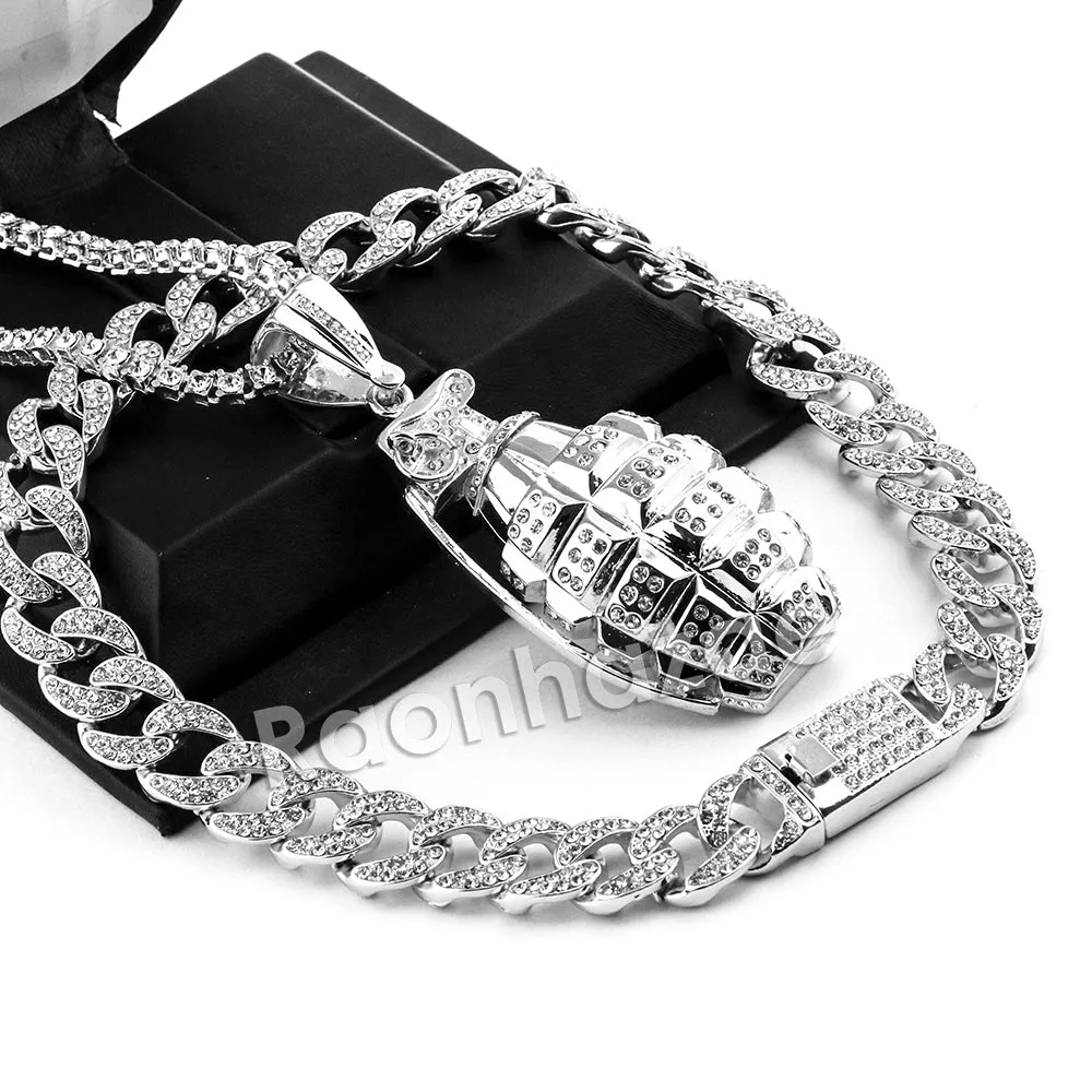 Hip Hop Quavo Grenade Miami Cuban Choker Tennis Chain Necklace L32