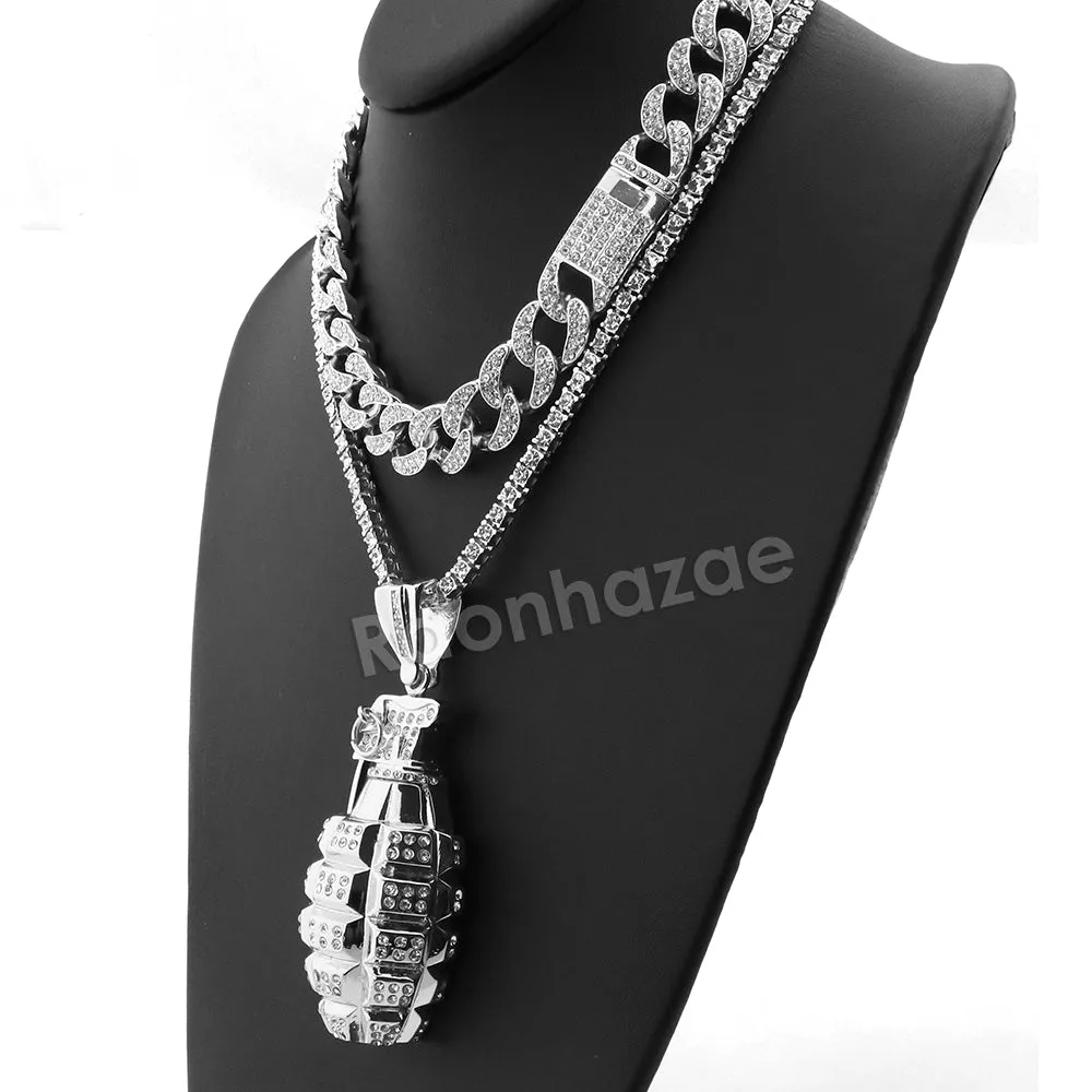 Hip Hop Quavo Grenade Miami Cuban Choker Tennis Chain Necklace L32