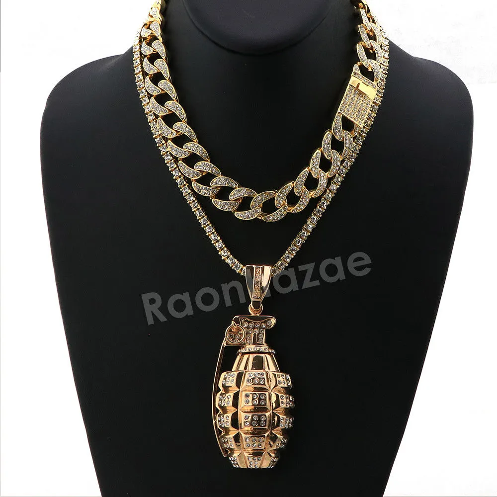 Hip Hop Quavo Grenade Miami Cuban Choker Tennis Chain Necklace L32