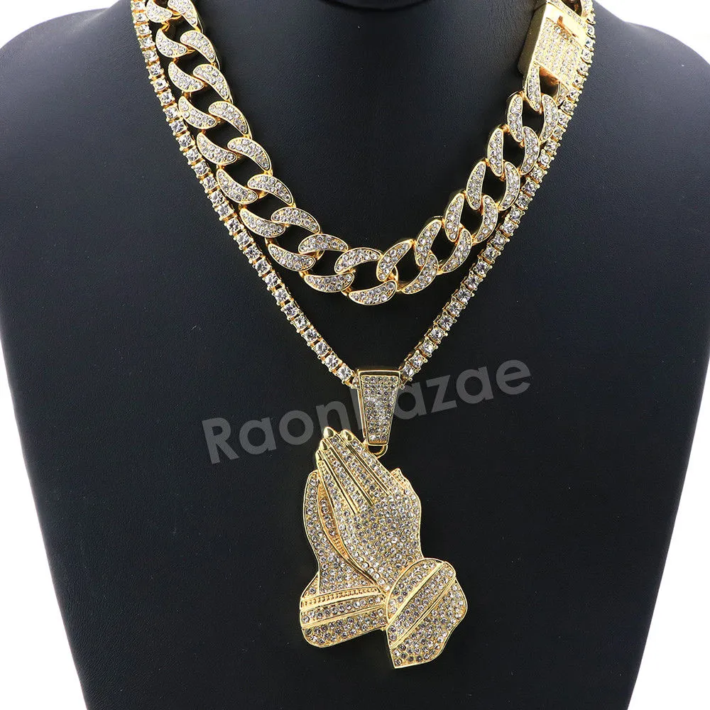 Hip Hop Quavo PRAYING HANDS Miami Cuban Choker Tennis Chain Necklace L05