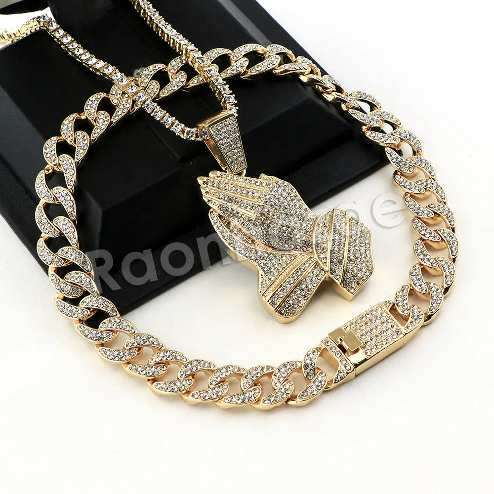 Hip Hop Quavo PRAYING HANDS Miami Cuban Choker Tennis Chain Necklace L05