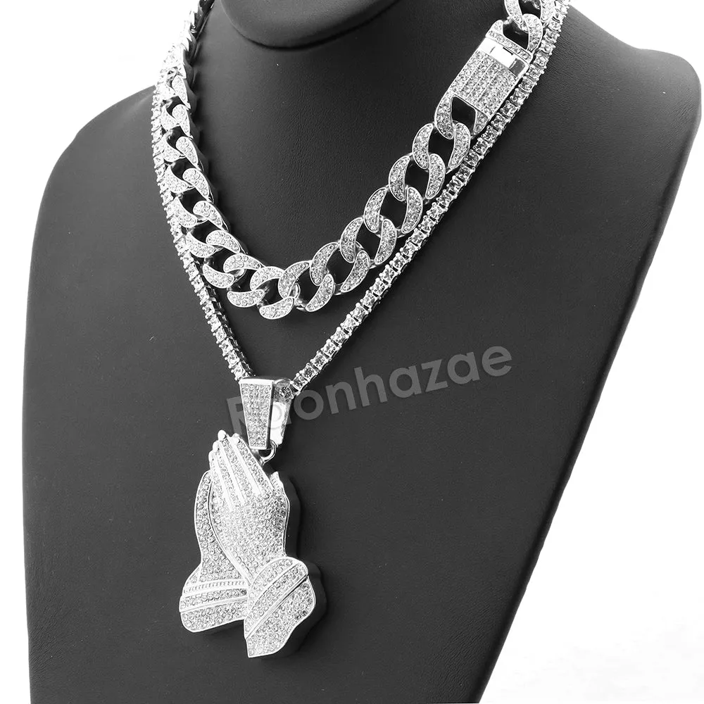 Hip Hop Quavo PRAYING HANDS Miami Cuban Choker Tennis Chain Necklace L05