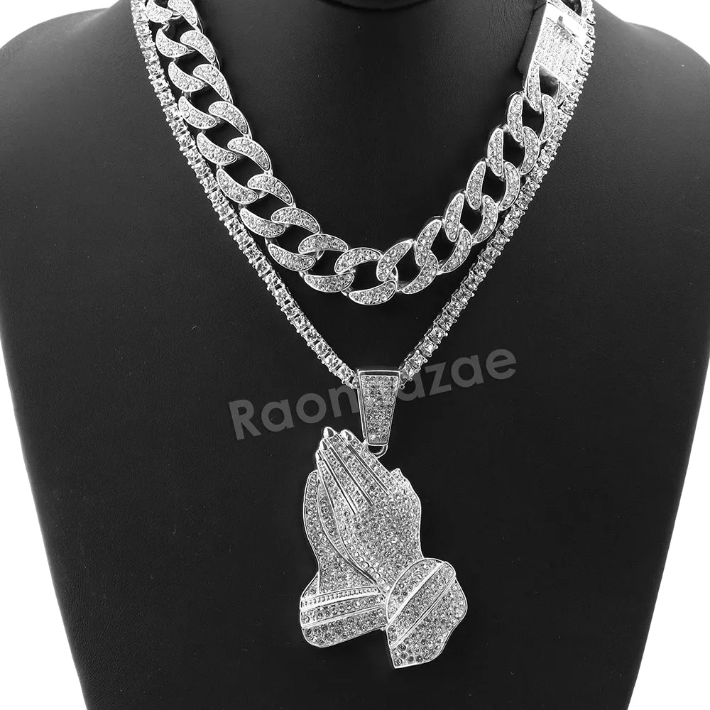 Hip Hop Quavo PRAYING HANDS Miami Cuban Choker Tennis Chain Necklace L05