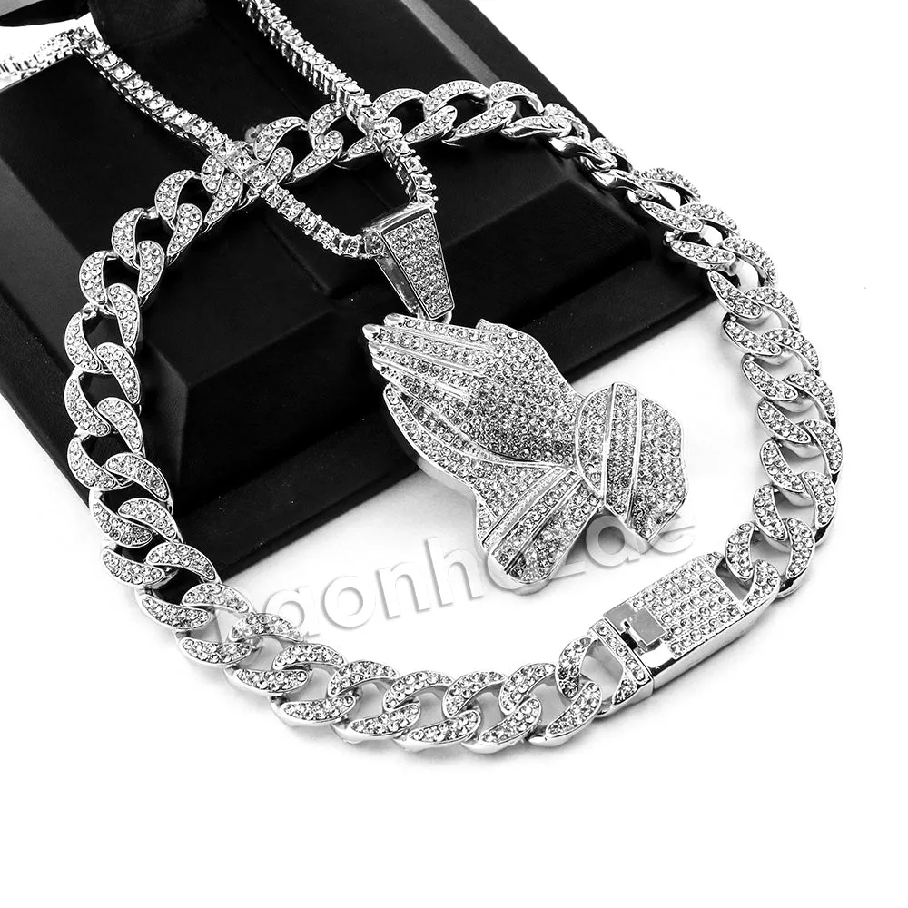 Hip Hop Quavo PRAYING HANDS Miami Cuban Choker Tennis Chain Necklace L05