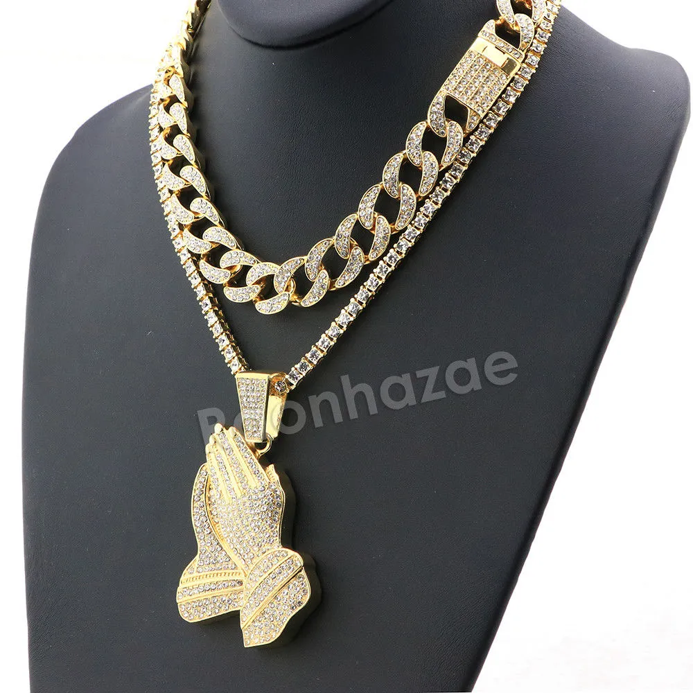 Hip Hop Quavo PRAYING HANDS Miami Cuban Choker Tennis Chain Necklace L05