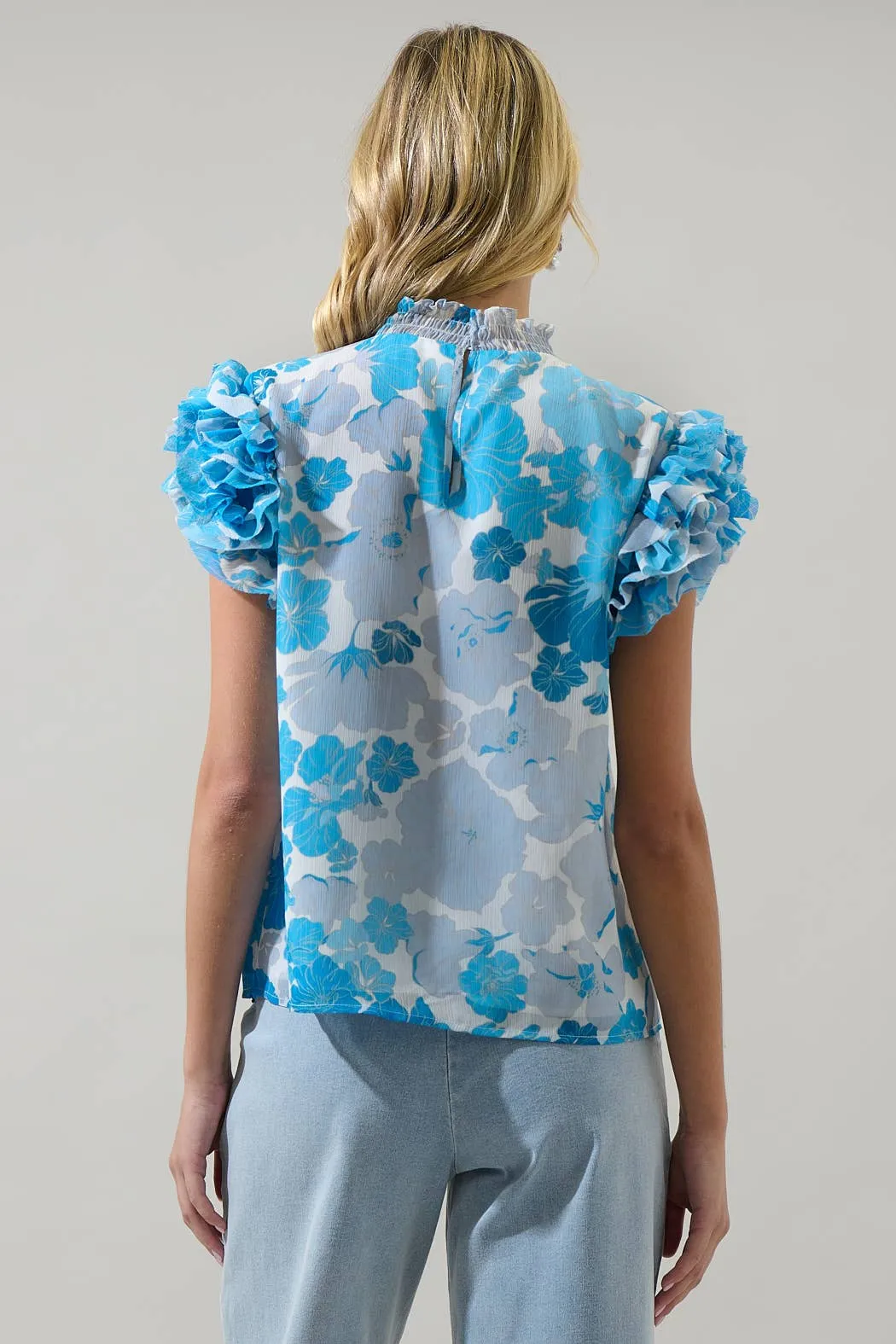 Kerela Floral Brenna Mock Neck Ruffle Blouse
