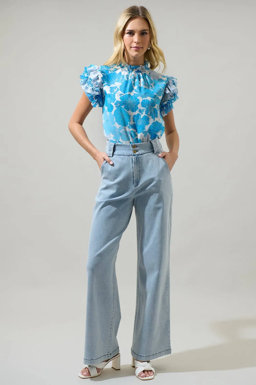 Kerela Floral Brenna Mock Neck Ruffle Blouse