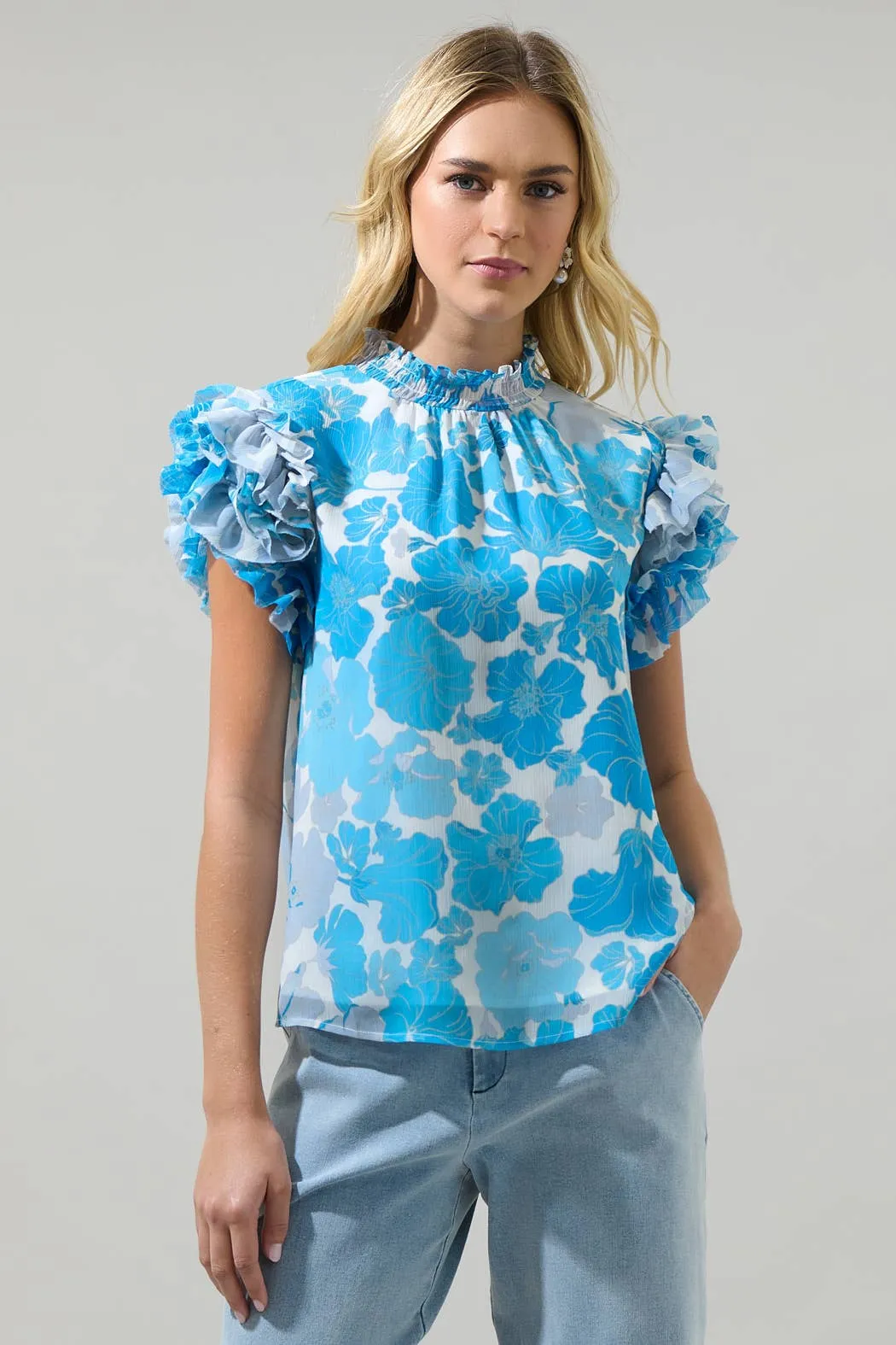 Kerela Floral Brenna Mock Neck Ruffle Blouse