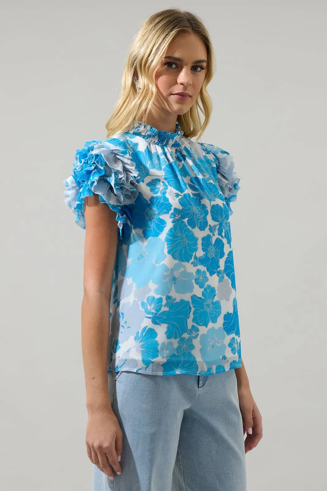 Kerela Floral Brenna Mock Neck Ruffle Blouse