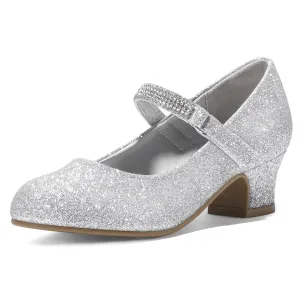 Kids Dress Shoes-Low Heel Rhinestone Lace-Up Mary Janes
