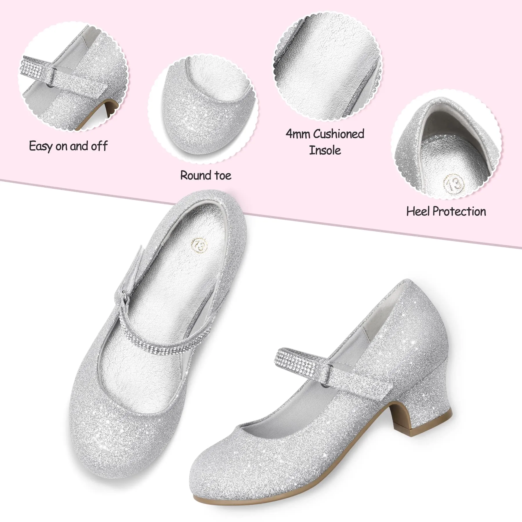 Kids Dress Shoes-Low Heel Rhinestone Lace-Up Mary Janes