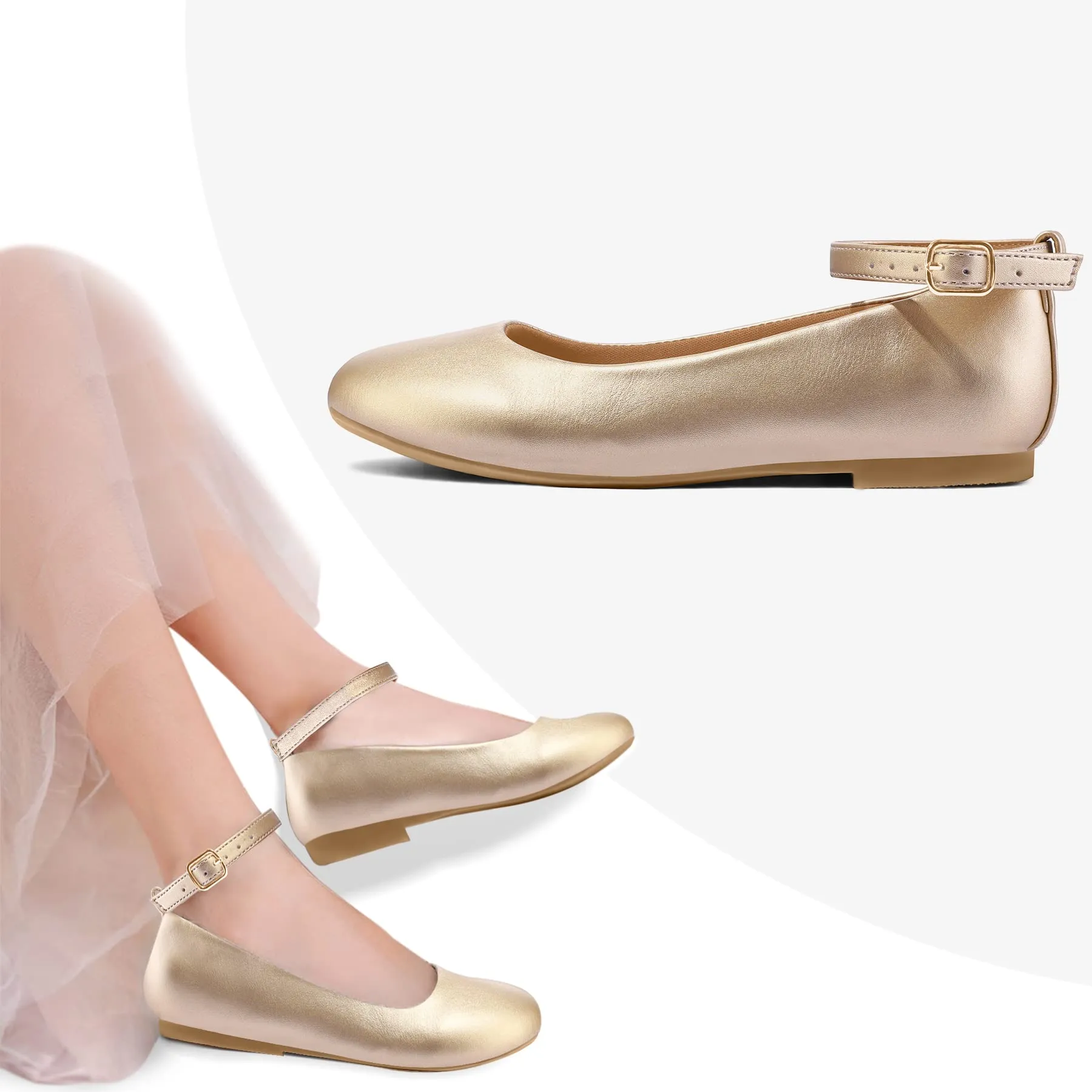 Kids Dress Shoes-PU Leather Ankle Strap Ballet Flat Shoes