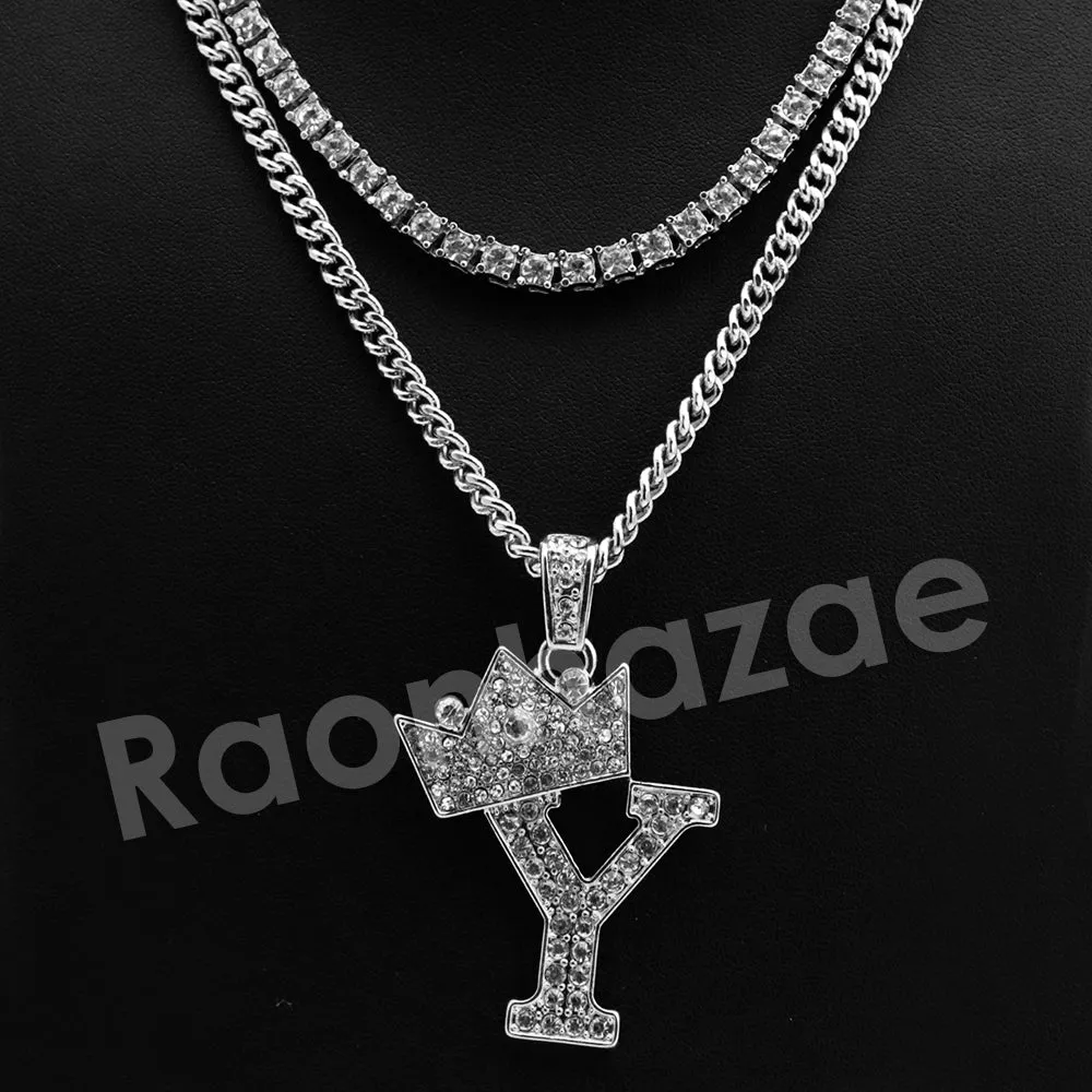 King Crown Y Initial Pendant Necklace Set.