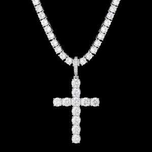 KRKC 4mm CZ Diamond Mens Tennis Chain Necklace with Iced Out Cross Pendant in White Gold/14K Gold