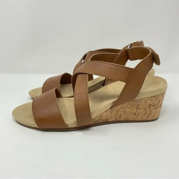 Lands End Womens Wide Comfort‎ Cork Wedge Sandal Cognac Size 8B