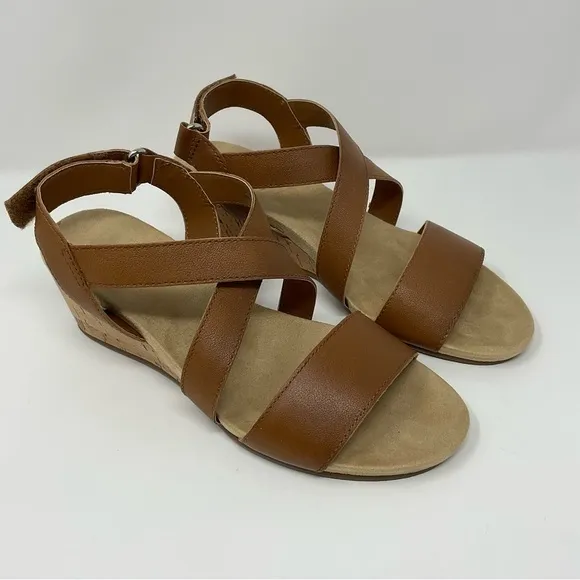 Lands End Womens Wide Comfort‎ Cork Wedge Sandal Cognac Size 8B